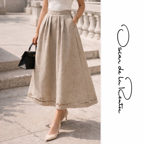 Oscar de la Renta Dresses & Skirts - Oscar de la Renta Beige Midi Skirt - Elegant A-Line with Scalloped Hem